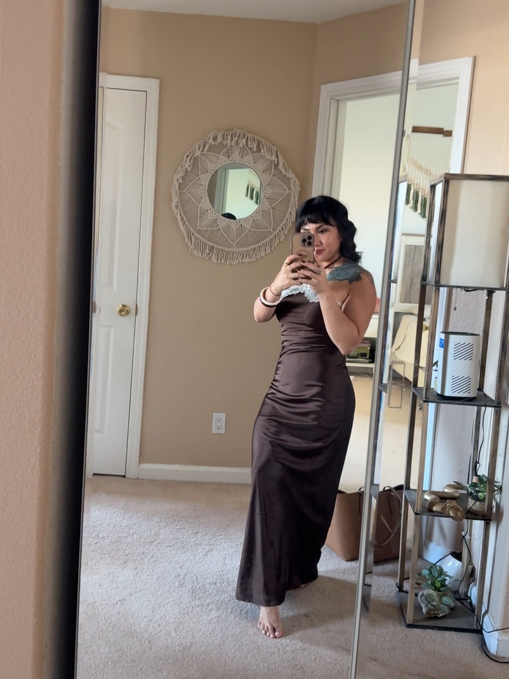 Sincerely Jules Chocolate Brown Satin Maxi Dress with Lace Accent